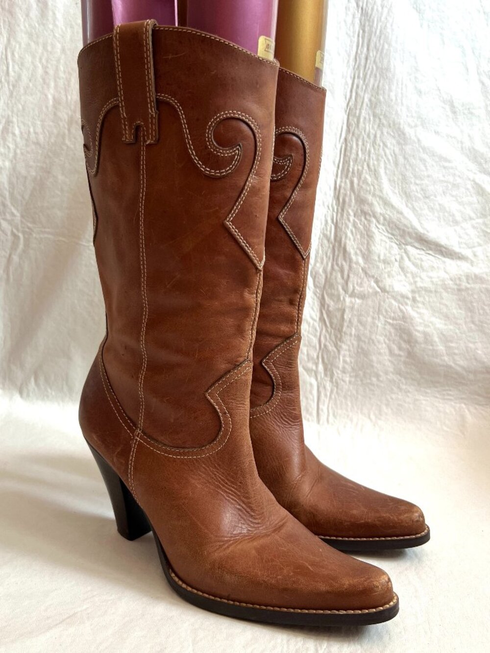 Steve Madden western boots 7 brown leather pointed toe high heel Silverado